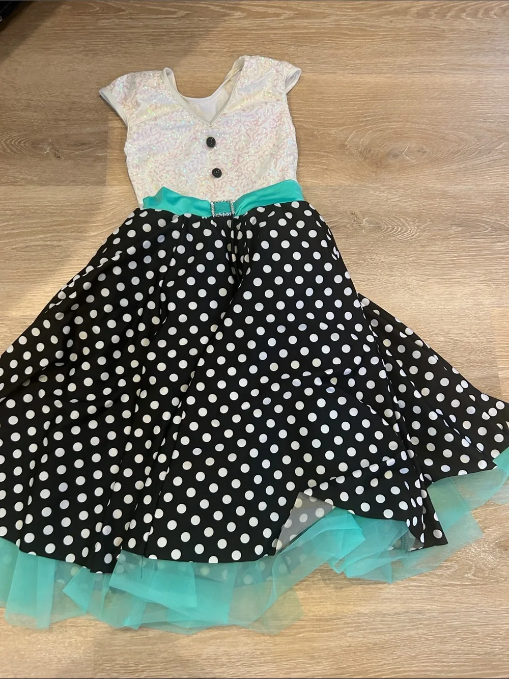 Weissman Black and White Polka Dot Dance Dress with Teal Accents